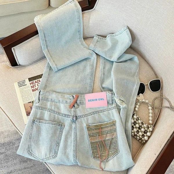 Jeans femininos estilo jovem doce perfurado borla bolso bordado verão cintura alta solta magro perna reta calças largas