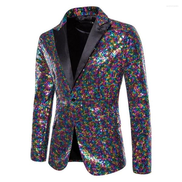 Ternos masculinos masculinos brilhantes coloridos lantejoulas vestido blazer jaqueta slim fit um botão smoking blazers homens jantar festa de casamento roupas de baile