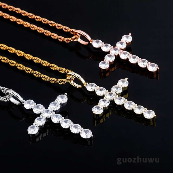 Nuovo in tennis rotondo zirconi impiombato collana con ciondolo croce con oro reale 18k elettrolitico completamente ghiacciato zircone cubico collane hip hop gioielli bijoux regali