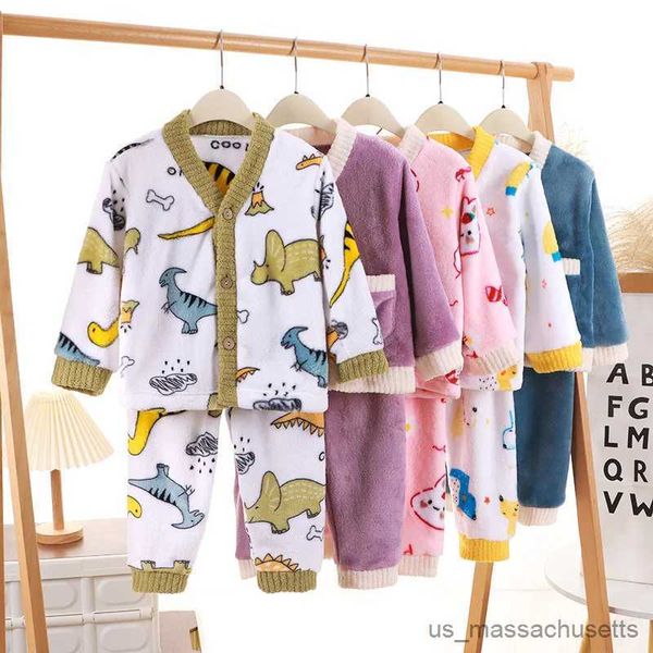 Pijamas infantis pijamas de lã casa terno para crianças meninas conjuntos de pijama de pelúcia macio cardigan + calças homewear bebê pijama adolescente roupas r231108