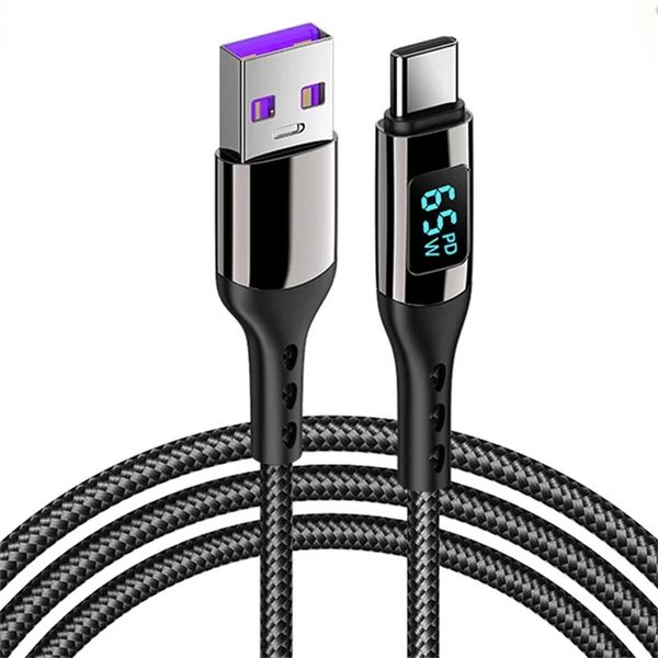 Зарядный кабель USB C, 100 Вт, 65 Вт, нейлоновая оплетка, кабель для быстрой зарядки типа C PD со светодиодным дисплеем для iPhone 15, Huawei, Samsung, кабель USB C для передачи данных