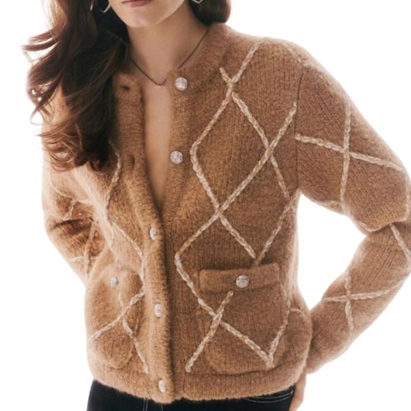 24 FW Kadın Sweaters Örgü Tasarımcı Üstleri Yün Hardigan Pist Marka Tasarımcısı Üst Gömlek Yüksek Son Elastikiyet Mektubu Elmas İşlemiş Gözler Örgü Blouson