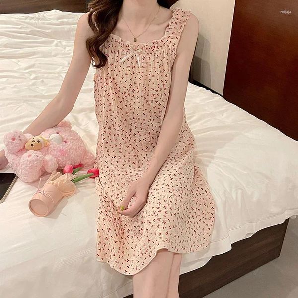 Mulheres sleepwear algodão curto pijama vestido verão mulheres menina moda cereja suspender nightdress