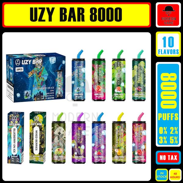 Original UZY bar E Cigarette puff 8000 10 sabores 18ml recarregável descartável Vape Pen Device Pod Smok Vapes Kit 8000 puffs NIC 0% 2% 3% 5% 1100mAh Bateria em estoque