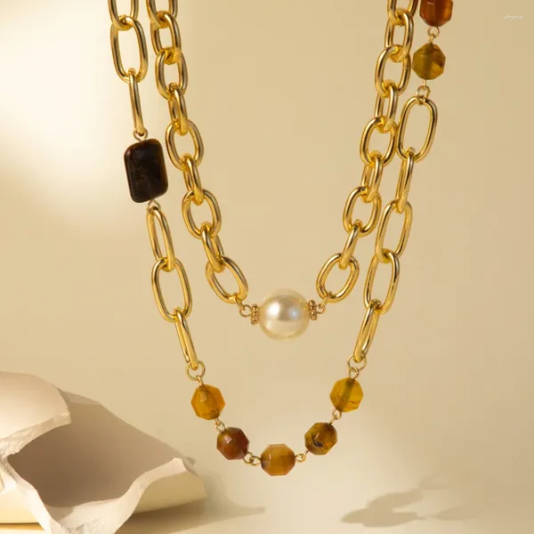 Collana girocollo 2023 in pietra naturale con perle d'imitazione, collana a più strati per le donne, moda semplice, gioielli da donna all'ingrosso