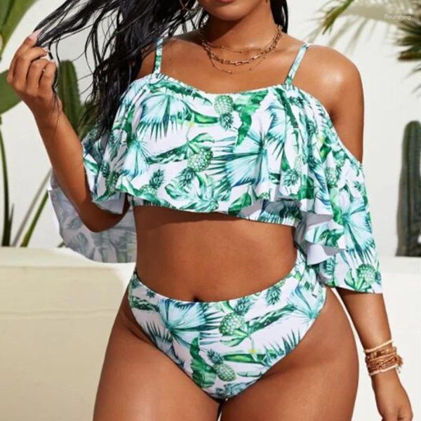 Conjunto de biquinis femininos com babados, push up, plus size, cintura alta, ombro de fora, roupa de banho, roupa de praia