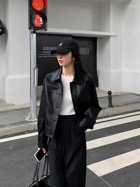 Jaqueta de couro feminina feminina legal menina falsa com bolsos com zíper e casacos slim fit roupas diárias da moda