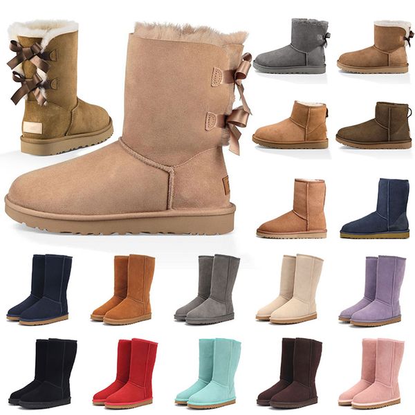 Designer clássico ugglie boot botas quentes mulheres mini meia bota de neve EUA inverno pele cheia fofo peludo cetim tornozelo botas castanhas sobre as botas de joelho ultra mini botas