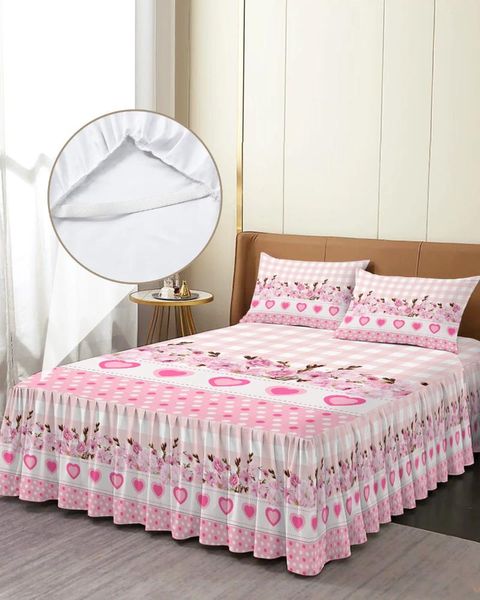 Gonna da letto Love Flower Copriletto elasticizzato scozzese rosa con federe Coprimaterasso protettivo Lenzuolo