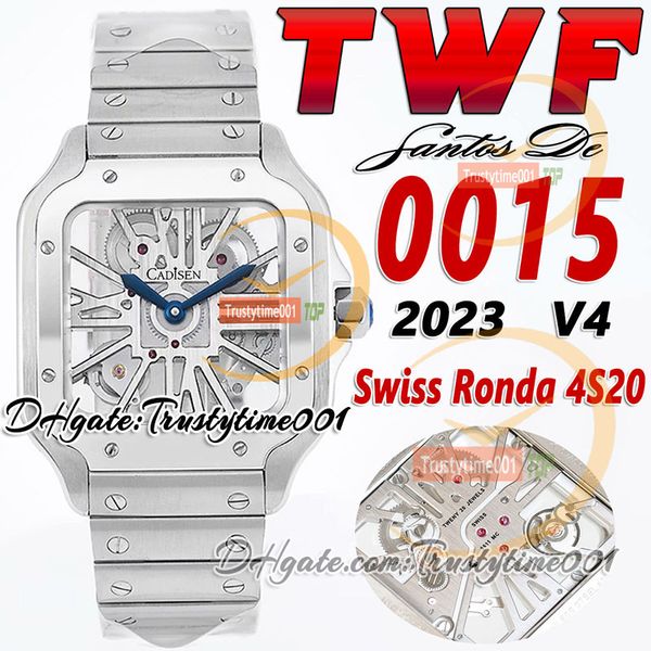 TWF V4 0015 Relógio masculino Swiss Ronda 4S20 Quartz Analógico Mecânico Esqueleto Dial Marcadores Romanos Troca Rápida Pulseira Inoxidável Super Edição trustytime001Relógios