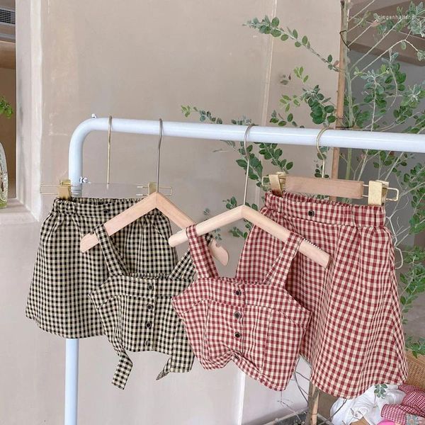 Set di abbigliamento 2023 Estate Bambino Bambini Vestiti per ragazze Vestito Plaid Sling Corto Top Gonna Vestito per bambini 1 anno Compleanno bambino