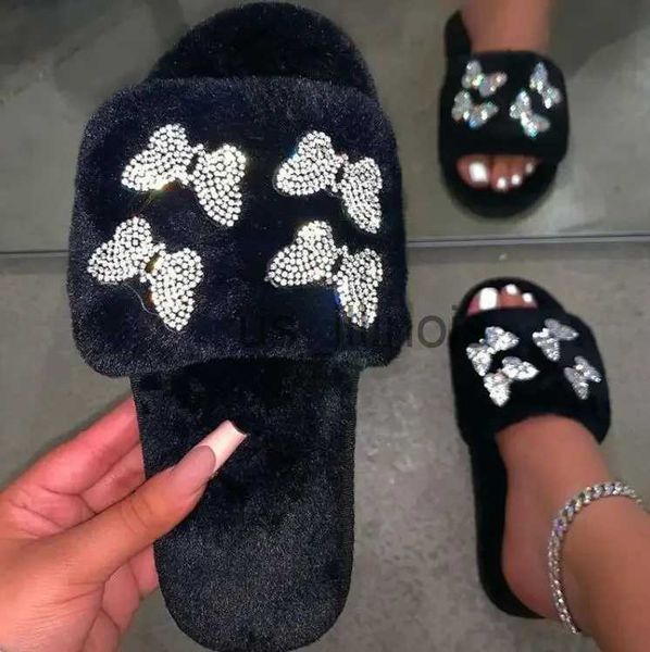 Chinelos mulheres novo strass borboleta pele de raposa flip flop fundo plano antiderrapante versátil casa durável sandálias casual moda desgaste chinelo J231108