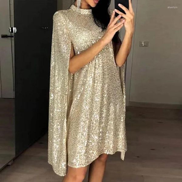 Vestidos casuais houzhou festa de lantejoulas para mulheres 2023 ouro elegante manto manga retalhos solto vestido de noite prata sexy clube feminino