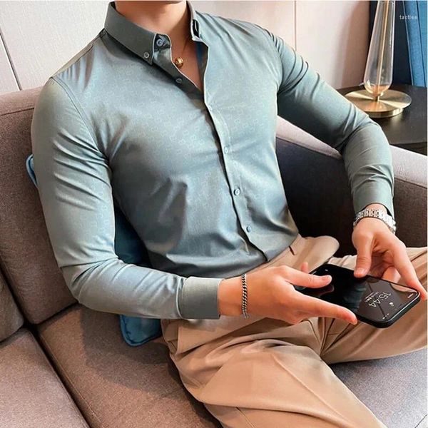 Camisas de vestido masculinas 2023 Luxo Verde Jacquard Camisa Homens Preto Branco Casamento Dres Prom Smoking Hemise Homme Manga Longa Slim Fit 4XL