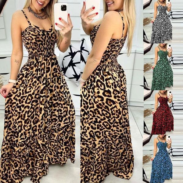 Vestidos casuais mulheres crochê solto leopardo vintage strafles vestido grande grande festa elegante de verão