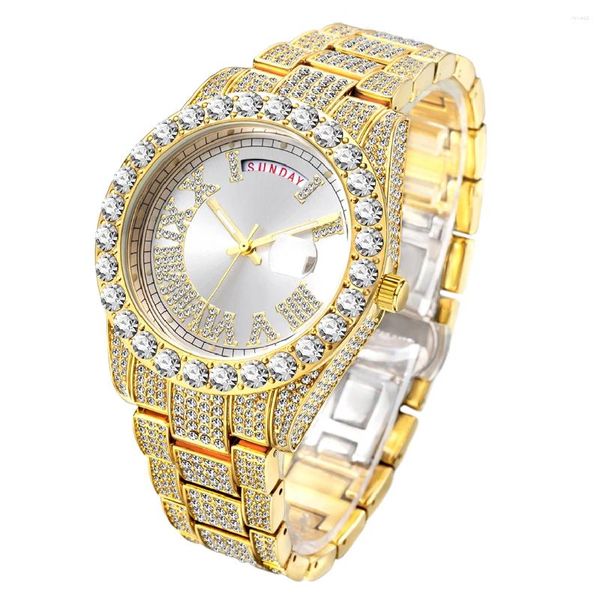 Relógios de pulso congelados relógio para homens luxo completo moissanite ouro dia data relógios hip hop moda festa vestido masculino relógio gota