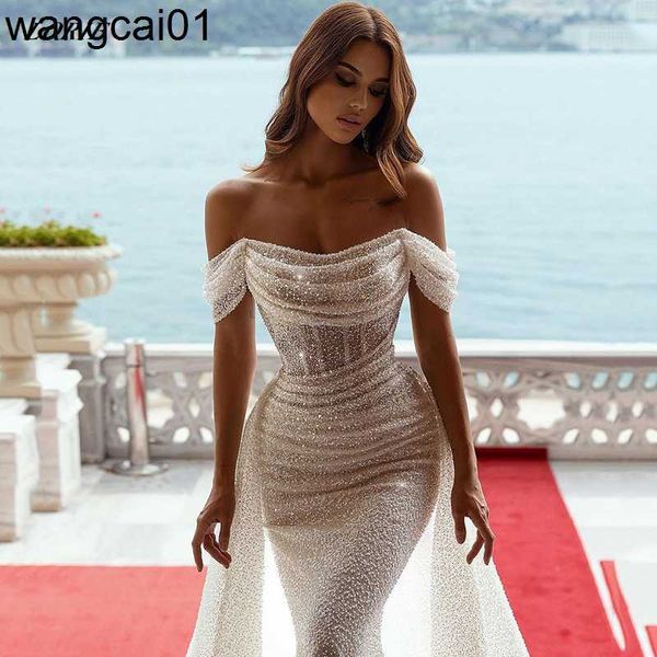 Parti Elbiseleri Lorie Seksi Glitter Bodycon Denizkızı Gelinlik Kapalı Omuz Sevgisi Boho Gelin Gowns ile Parlak Tren Gelin Elbise 2022 0408H23