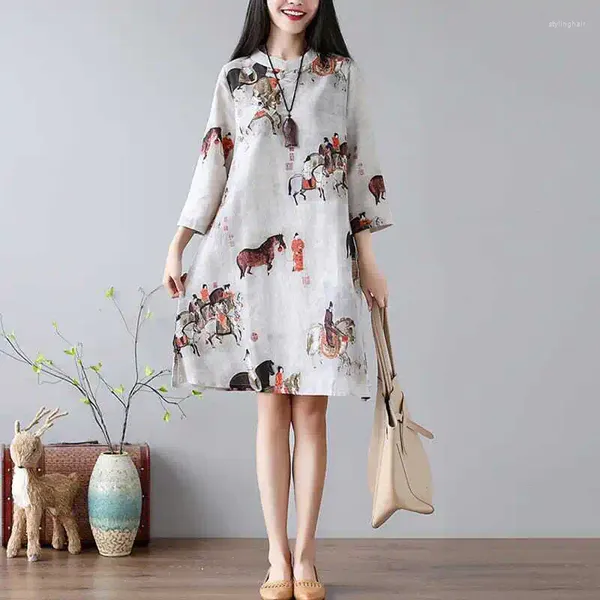 Ethnische Kleidung 2023 Chinesischer Stehkragen Knopfdruck Baumwolle Leinen Cheongsam Kleid Stil Retro Lose A-Linie Bequemes Qipao