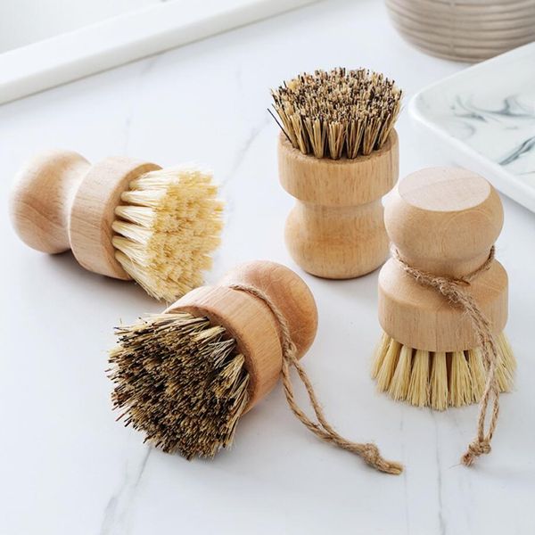 Spazzole per pulizia portatili Scrub per piatti in bambù Cucina Scrubber in legno per il lavaggio Pentola in ghisa Setole in sisal naturale