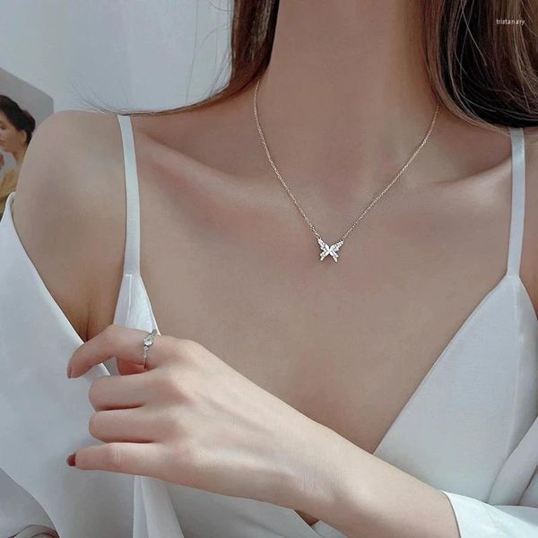 Pingentes 925 prata esterlina flash diamante borboleta colar para mulheres clavícula corrente requintado jóias presente de aniversário