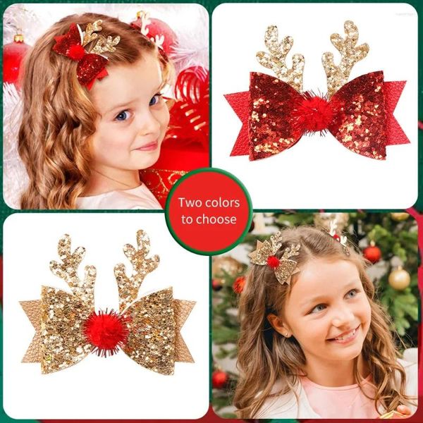 Accessori per capelli 2 pz/pacco Per bambini Natale Corno di cervo Forcina Neonate Bling Clip Pom Elk Bow Copricapo