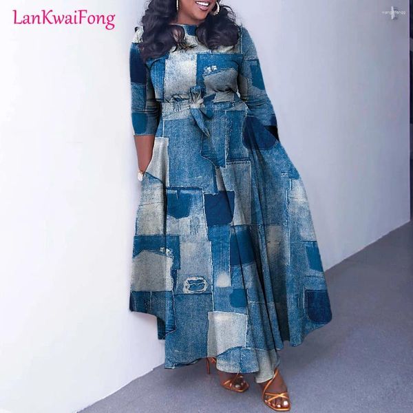 Abiti casual LKF Temperament Lace Up Abito da donna africano stampato manica lunga 7/4 pendolare Big Swing
