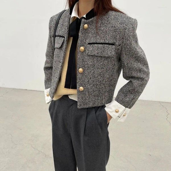 Damenjacken Korea Mode Tweed Kurze Jacke Mantel Weibliche Vintage Für Frauen Stehkragen Langarm Büro Damen Oberbekleidung