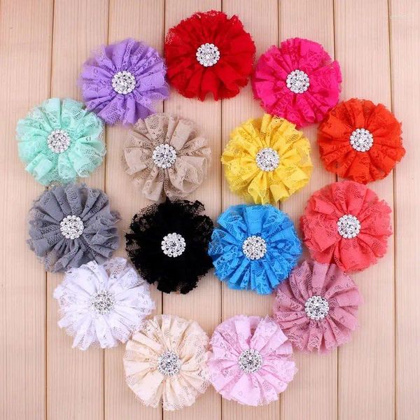 Acessórios para o cabelo 120 pçs/lote 7cm 15 cores gasto renda malha flor strass botão para crianças meninas tecido flores headbands