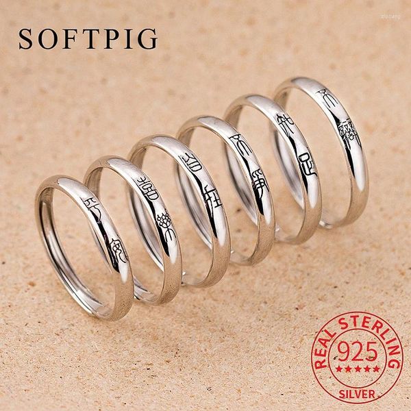 Anéis de Cluster Softpig Real 925 Sterling Silver Retro Chinês Fonte Antiga Anel Ajustável para Mulheres Cultura Nacional Fine Jewelry