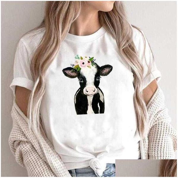 T-shirt da donna Summer Fashion Tee Shirt Femme Mucca divertente con fiore Amante degli animali Fattoria T Donna Top Drop Delivery Apparel Womens Clo Dhkh5