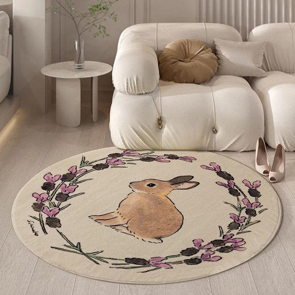 Tapetes para bebês Playmats Cute Rabbit Round Carpet Floral Soft Floor Mat Cartoon Animal Area Rug para sala de estar Tapete de cabeceira para quarto de criança Decoração de casa 231108