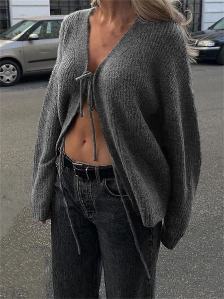 Kadın Örgü Kronstyle Sonbahar Kış Kış Sıcak Örgü Talif Dış Giyim Üstü Kadınlar İçin Uzun Kol V Yezdir Ön Bağlantı Sweaters Moda Jumper'lar