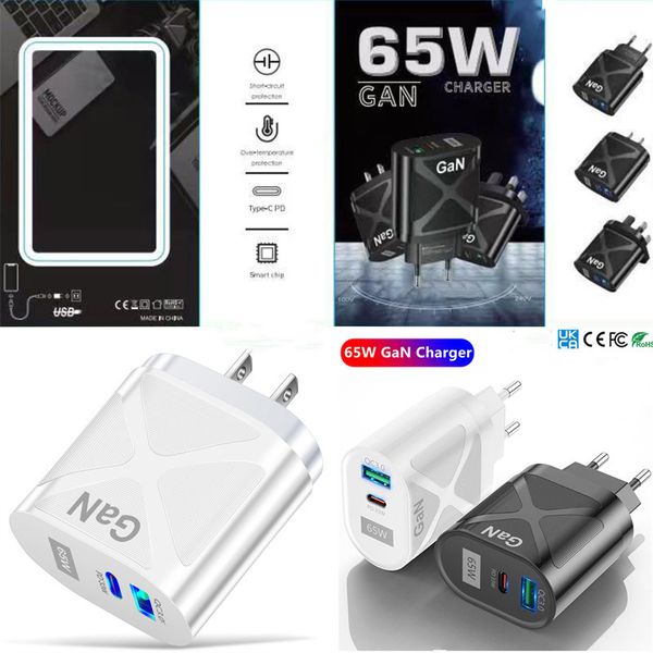 Adaptador de carga rápida de 65W GaN para MacBook Pro Laptop Tipo C PD Carregador Quick para iPhone 13 14 iPad Huawei Xiaomi Samsung Wall Adapter US eu uk uk plug with box