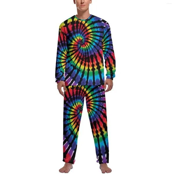 Herren-Nachtwäsche, Spiral-Tie-Dye-Pyjama, Frühling, Regenbogen, Zimmer, Heimanzug, Mann, 2 Stück, bedruckt, langärmelig, Kawaii-Pyjama-Sets