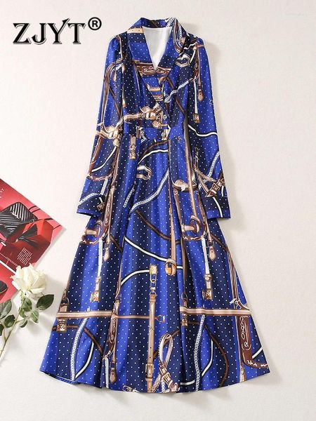 Abiti casual ZJYT Elegante Autunno Blu Stampa Midi Per Le Donne 2023 Designer Manica Lunga Abiti Vacanza Vintage Aline Vestaglie