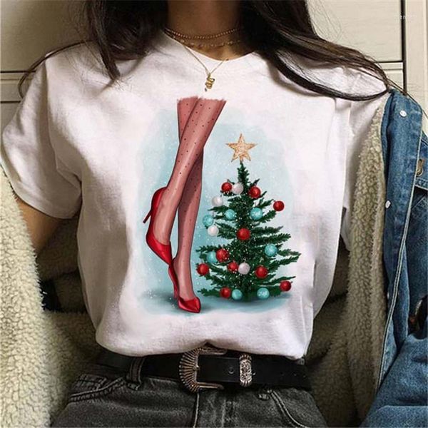 Camisetas femininas brancas adequadas todas as estações de camiseta de tampas roupas sexy pernas longas árvores de natal camisa mulher harajuku t-shirt de manga curta