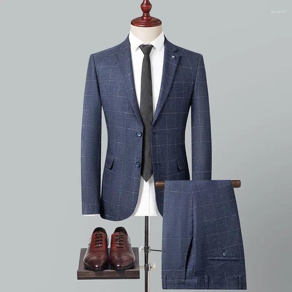 Abiti da uomo Plaid blu Set da 2 pezzi Blazer e pantaloni da uomo Abiti da sposa maschili Eleganti set di giacche da ufficio per uomo