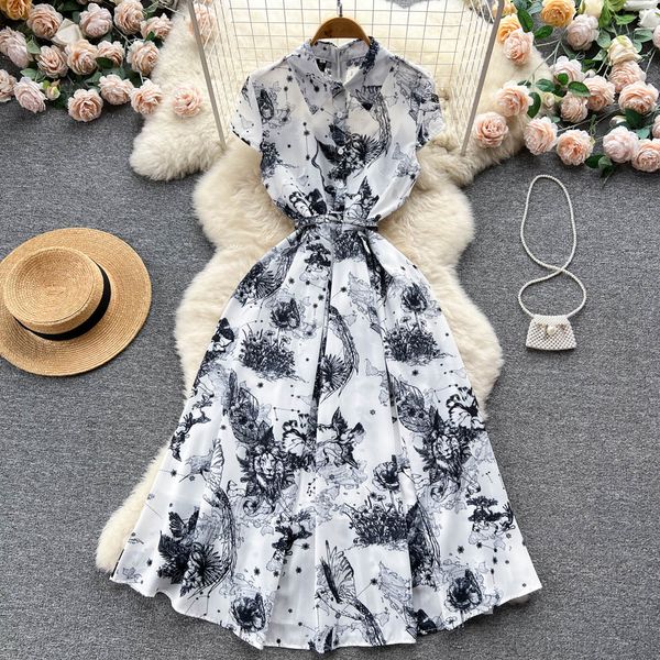 Lässige Kleider Sommer Runway Fashion Shirt Kleider Damen Kurzarm Dschungel Dschungel Tinte Print Office Retro Midi Kleider Kleider Kleider Palm lang Robe 2023