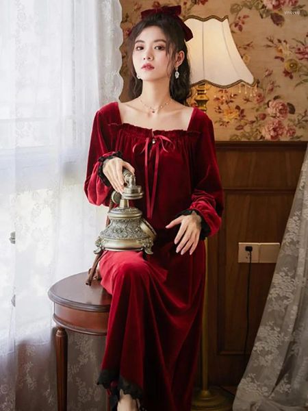 Mulheres sleepwear mulheres elegante veludo noite vestido babados longo robe peignoir vitoriano pijama vestidos vestido vintage romântico camisola