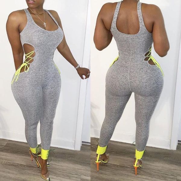 Lässige Kleider Hirigin Fitness Fashion Bodycon Strampler Damen Jumpsuit Ärmellos Workout Active Wear Seitlich geschnürte Jumpsuits AushöhlenCasua