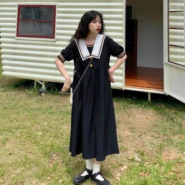 Parti Elbiseleri Kadınlar İçin Yaz Kore Koleji Tiki Tarzı Gevşek Kısa Kollu Donanma Yakası Siyah Tatlı Sevimli Uzun Elbise Vestidolar 6xl