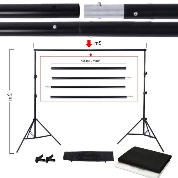 Freeshipping Photo Studio Kit Set Backdrop Stand com Saco de Armazenamento Preto Branco Não Tecido Cenários e Mini Clipes Lhmtg