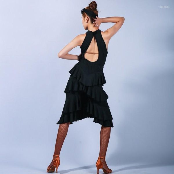 Bühnenkleidung Schwarzes rückenfreies Latin Dance Dress Damen Tanzkleidung Dancewear Rumba Latina Salsa Kostüme
