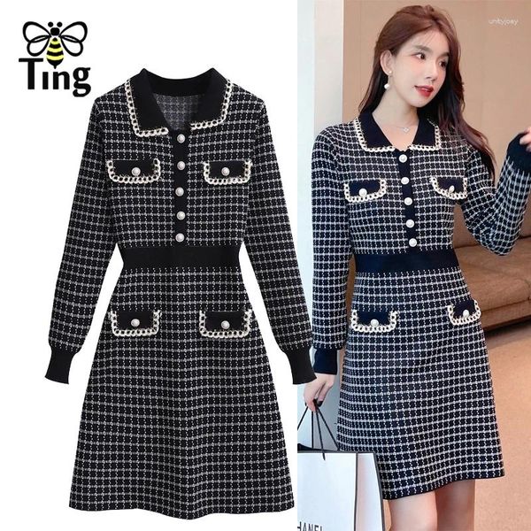 Abiti casual Tingfly Donna Inverno Autunno Decorazione bottoni Plaid Maglia Lady Streetwear Chic Maglieria Mini abito corto Abiti