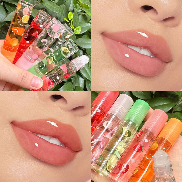 Lippenöl zum Aufrollen, Fruit Lip Gloss, transparentes Lippenöl, feuchtigkeitsspendend, reduziert Lippenlinien, pflegt wasserfesten, flüssigen, aufpolsternden Lipgloss