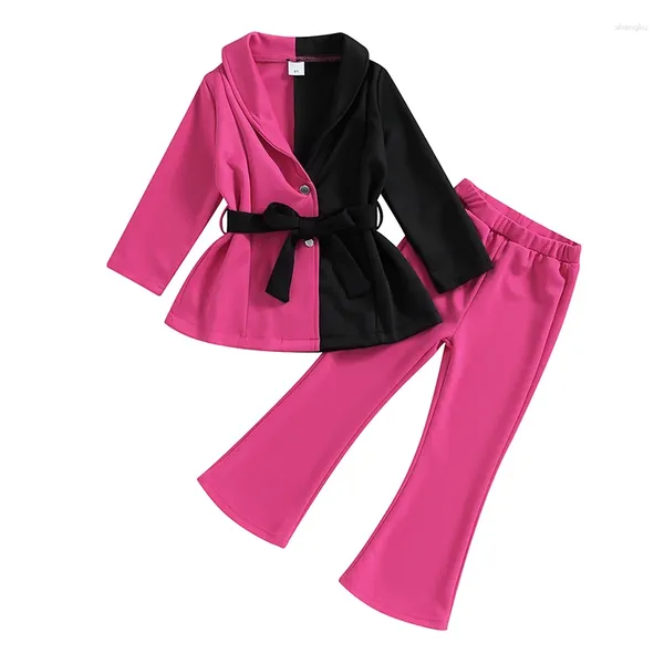 Комплекты одежды FOCUSNORM, модная одежда из 2 предметов для маленьких девочек, пальто с поясом и длинными рукавами контрастного цвета, верхняя одежда, однотонные расклешенные брюки