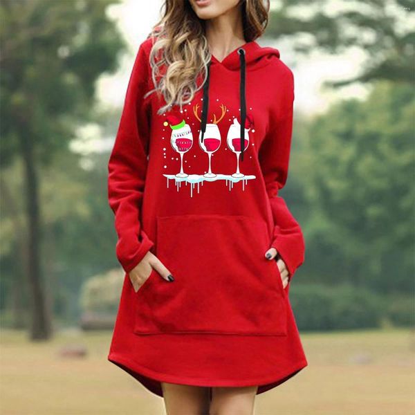 Hoodies femininos senhoras natal copo de vinho tinto impresso com capuz camisa superior manga longa emenda moletom macio ropa mujer