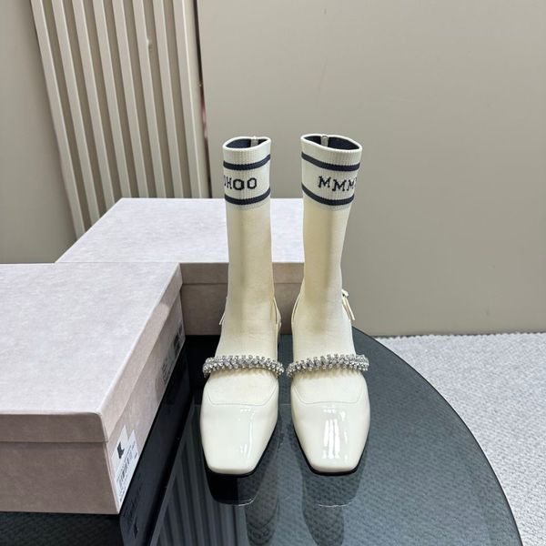 Düşük topuk 3cm kadın moda tasarımcısı çıplak botlar moda baskı tokası gerçek deri dikilmiş çoraplar botlar parti düğün açık düz kafa ayakkabıları eşleştirme kutusu 35-41