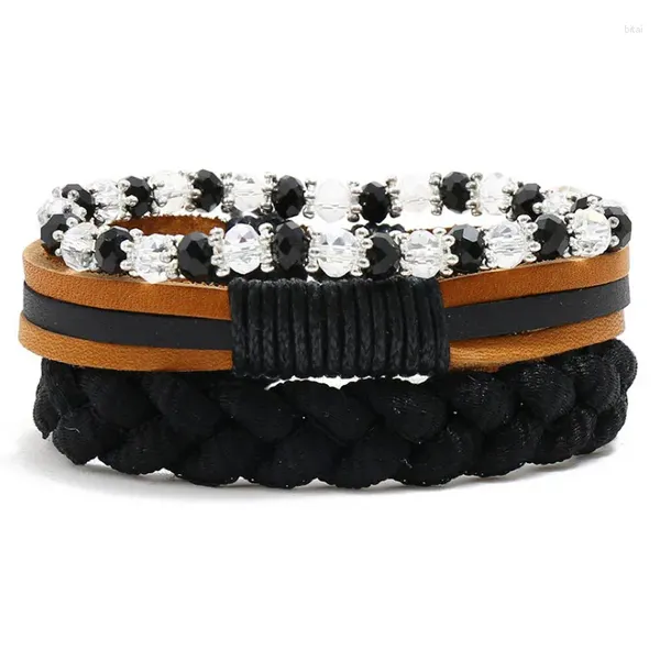 Link pulseiras moda preto cristal pulseira manguito multicamadas trança pulseira de couro conjunto retro strass contas charme envoltório pulseira punk