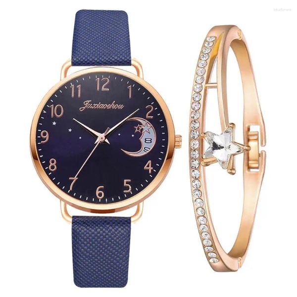 Наручные часы Sdotter Moon Star Женские часы Кожаные женские наручные часы Набор браслетов Модные женские кварцевые часы Повседневные подарочные часы Распродажа